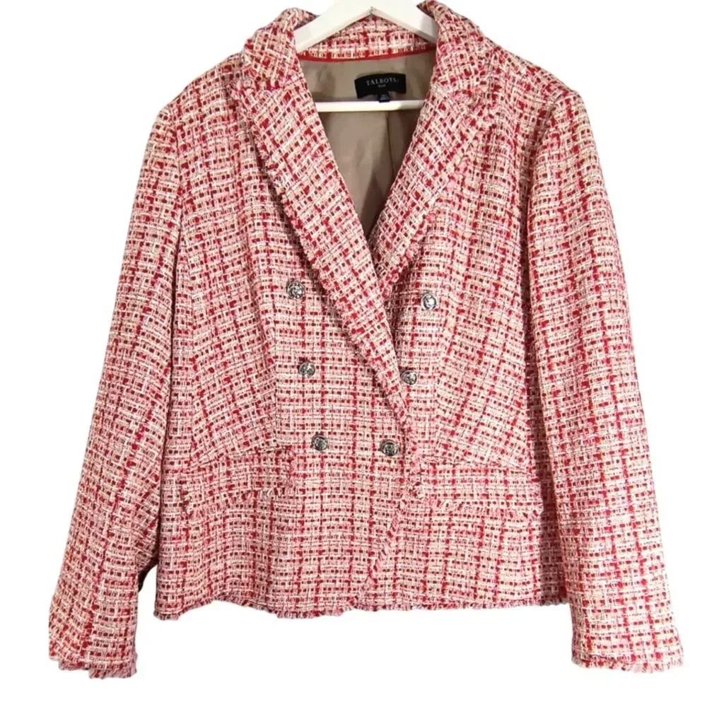 Talbots Plus 14W Red Tweed Metallic Blazer Old Money Preppy Fringe Jacket - Picture 3 of 15